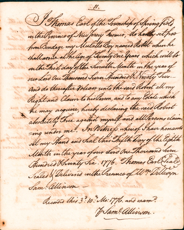Book of Manumissions, recorded by Samuel Allinson of Burlington, page 11