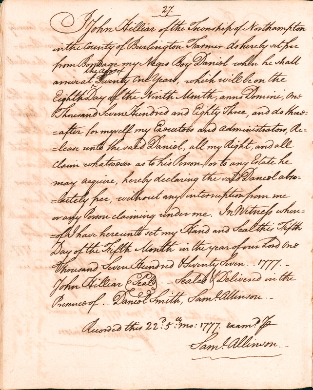 Book of Manumissions, recorded by Samuel Allinson of Burlington, page 27
