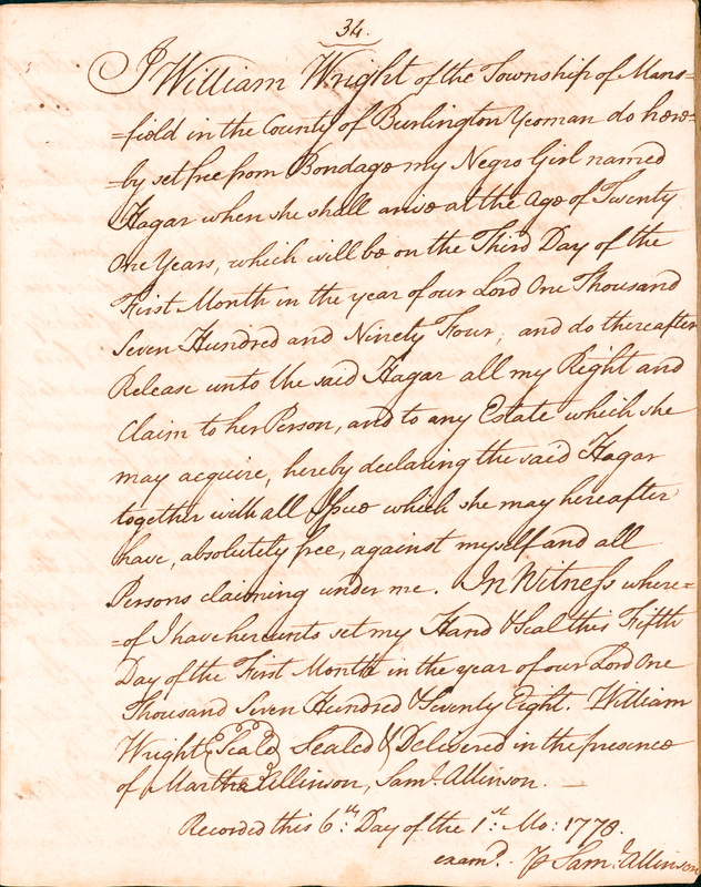 Book of Manumissions, recorded by Samuel Allinson of Burlington, page 34