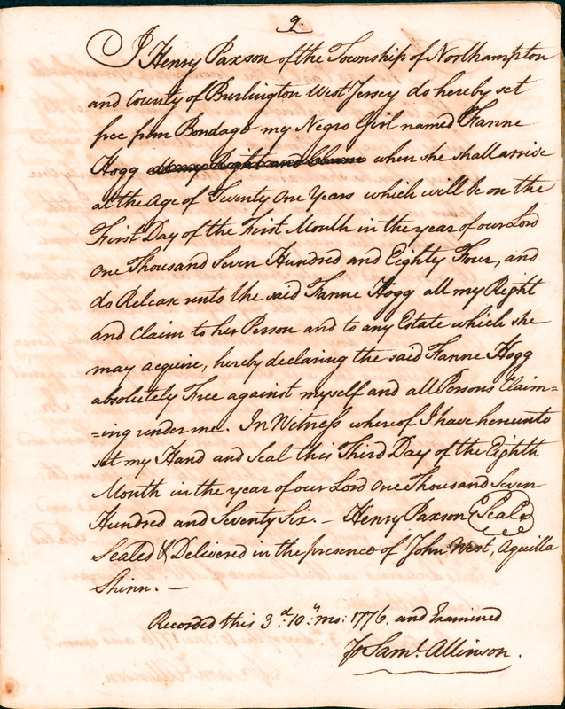 Book of Manumissions, recorded by Samuel Allinson of Burlington, page 9