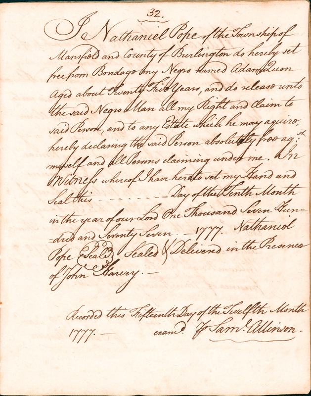 Book of Manumissions, recorded by Samuel Allinson of Burlington, page 32