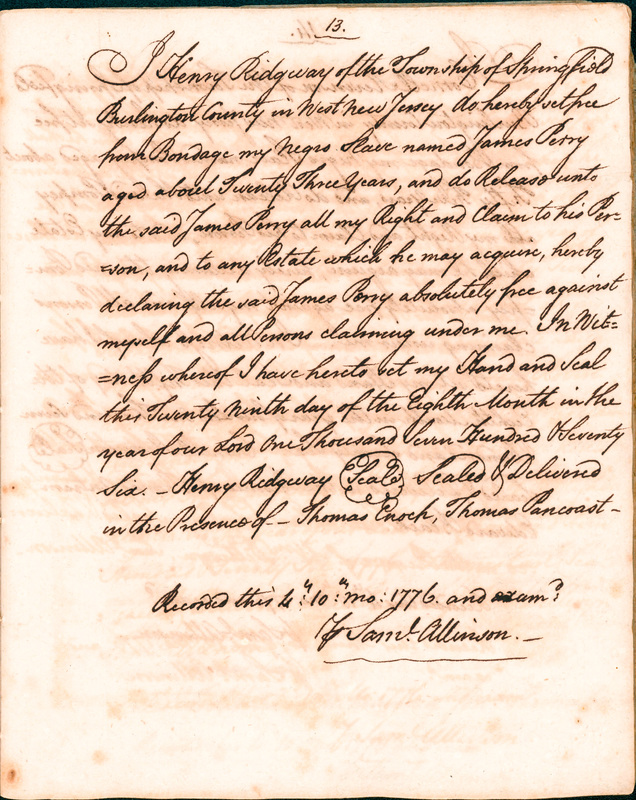 Book of Manumissions, recorded by Samuel Allinson of Burlington, page 13
