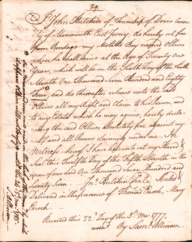 Book of Manumissions, recorded by Samuel Allinson of Burlington, page 29
