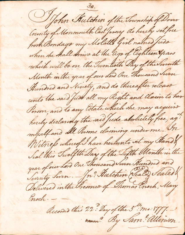 Book of Manumissions, recorded by Samuel Allinson of Burlington, page 30