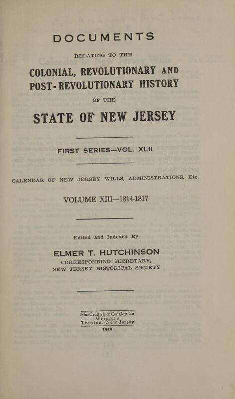 Archives of New Jersey, Series 1, Vol. 42 (Calendar of Wills, Vol. 13, 1814-1817)