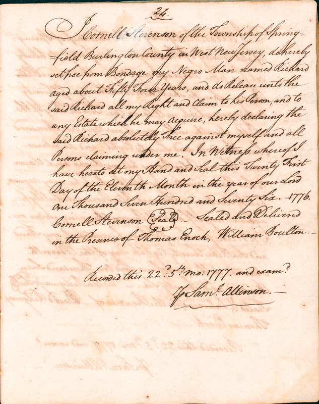 Book of Manumissions, recorded by Samuel Allinson of Burlington, page 24