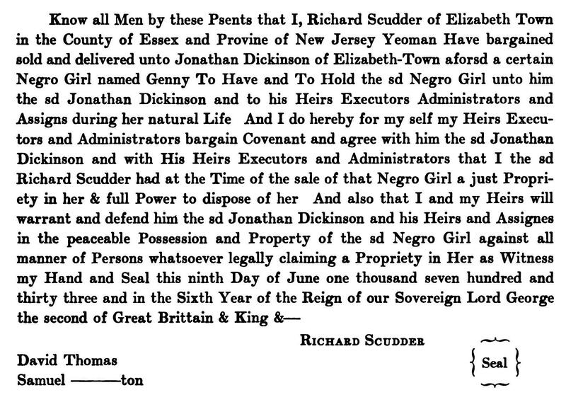 Bill of sale for Genny, sold by Richard Scudder to Jonathan Dickinson