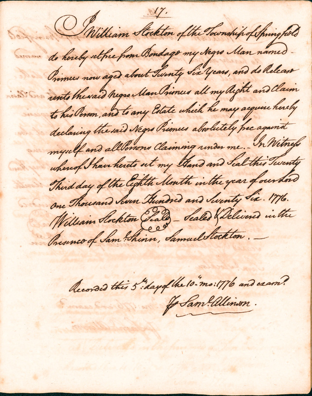 Book of Manumissions, recorded by Samuel Allinson of Burlington, page 17