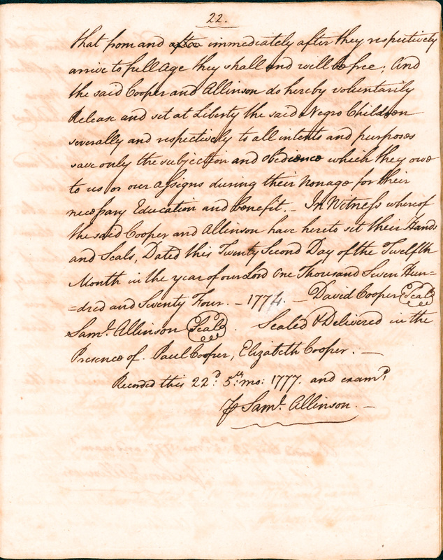 Book of Manumissions, recorded by Samuel Allinson of Burlington, page 22