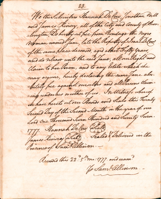 Book of Manumissions, recorded by Samuel Allinson of Burlington, page 23