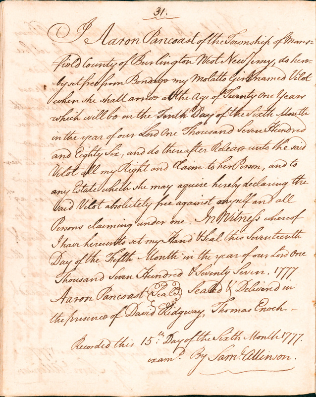 Book of Manumissions, recorded by Samuel Allinson of Burlington, page 31