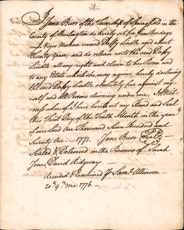 Book of Manumissions, recorded by Samuel Allinson of Burlington, page 1
