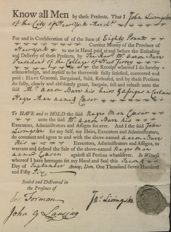 Bill of Sale for Caesar, sold by John Livingston to Aaron Burr Sr