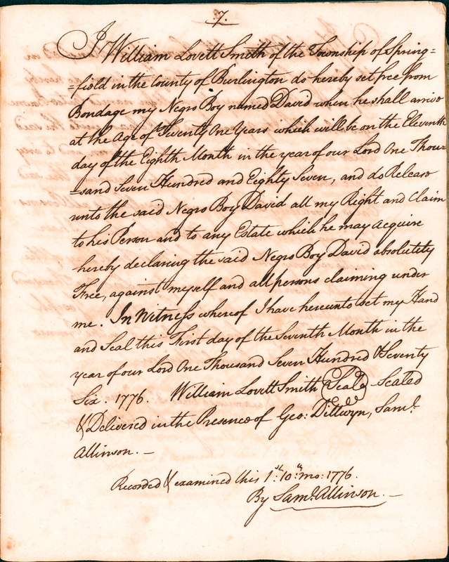 Book of Manumissions, recorded by Samuel Allinson of Burlington, page 7