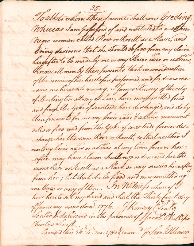 Book of Manumissions, recorded by Samuel Allinson of Burlington, page 35