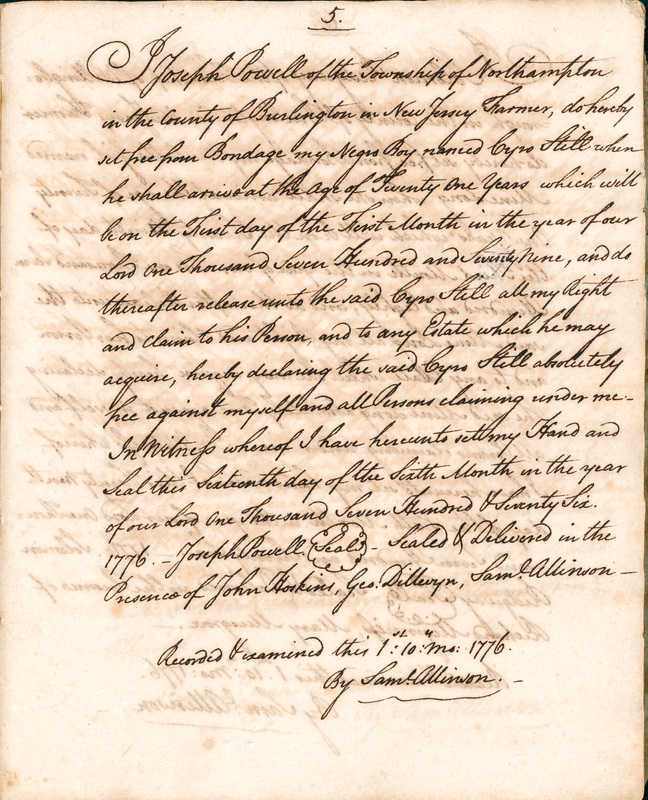 Book of Manumissions, recorded by Samuel Allinson of Burlington, page 5