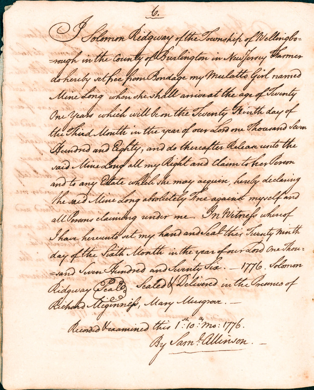 Book of Manumissions, recorded by Samuel Allinson of Burlington, page 6
