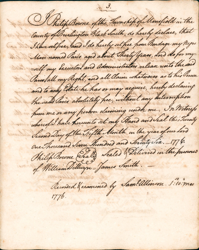 Book of Manumissions, recorded by Samuel Allinson of Burlington, page 3