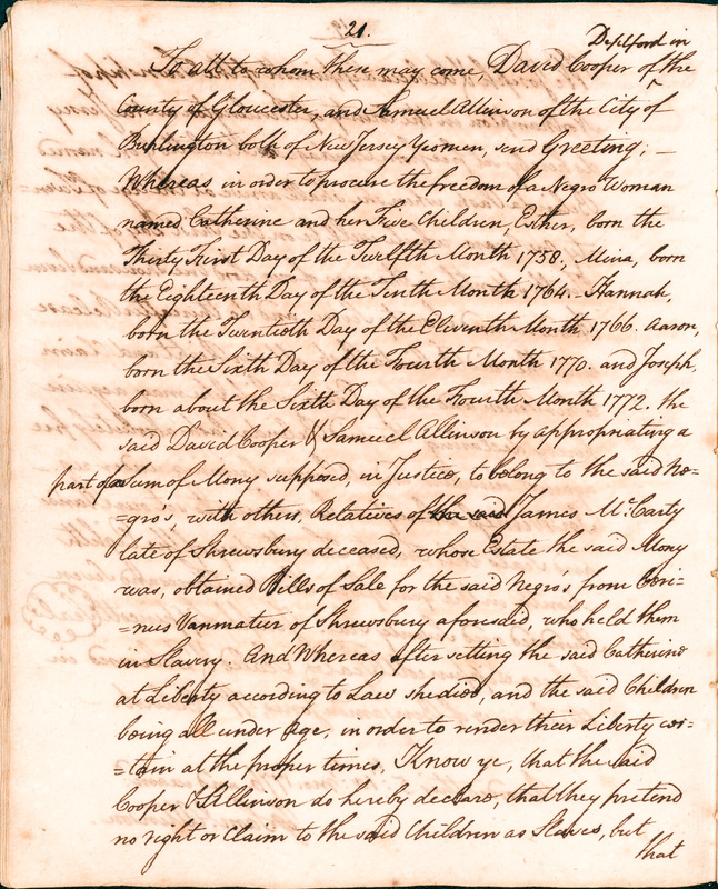 Book of Manumissions, recorded by Samuel Allinson of Burlington, page 21
