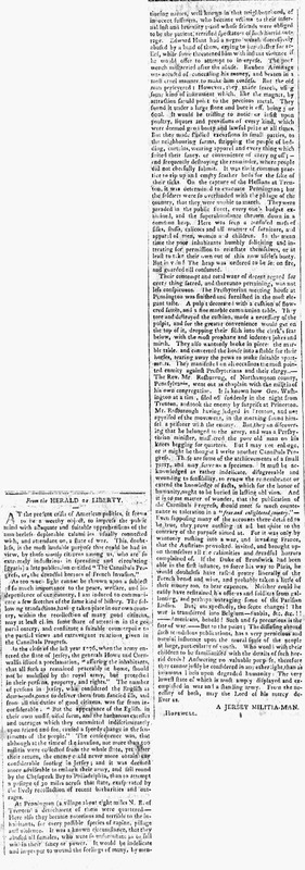 Article discussing sexual violence in Pennington during the Revolutionary War (reprinted from the Herald of Liberty)