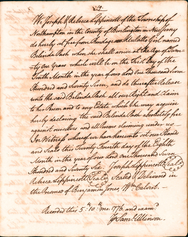 Book of Manumissions, recorded by Samuel Allinson of Burlington, page 19