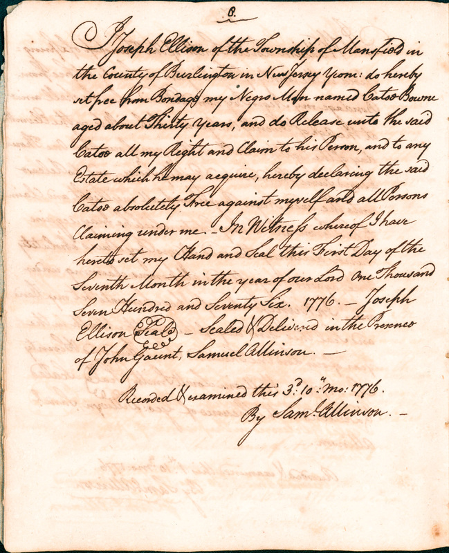 Book of Manumissions, recorded by Samuel Allinson of Burlington, page 8