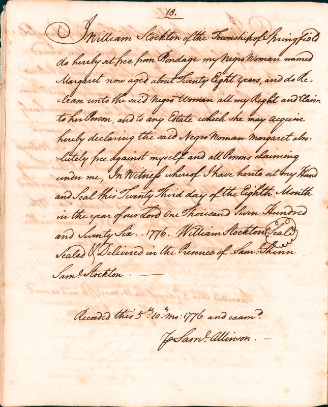 Book of Manumissions, recorded by Samuel Allinson of Burlington, page 18