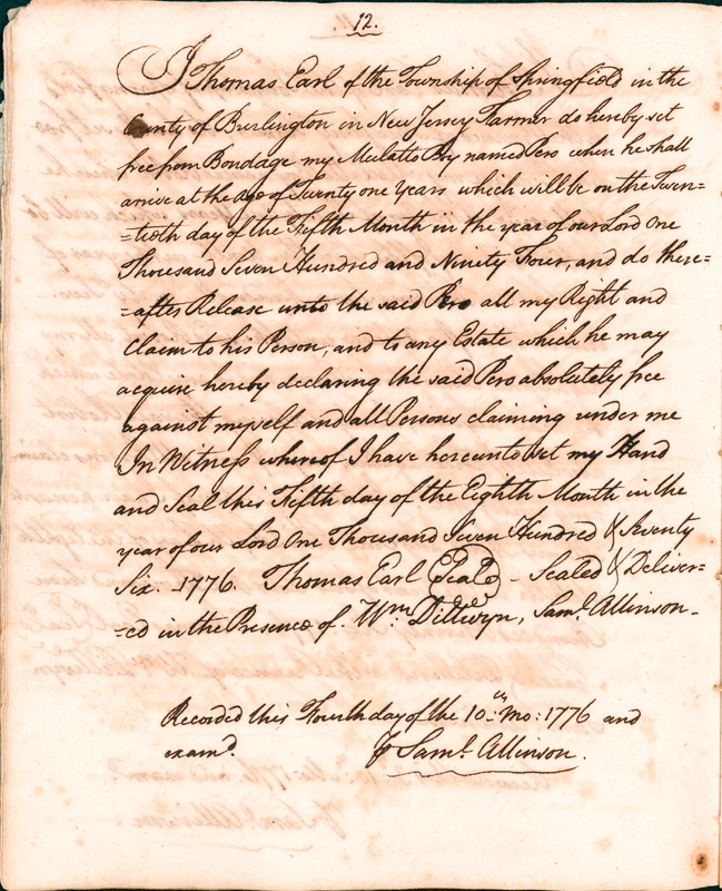 Book of Manumissions, recorded by Samuel Allinson of Burlington, page 12