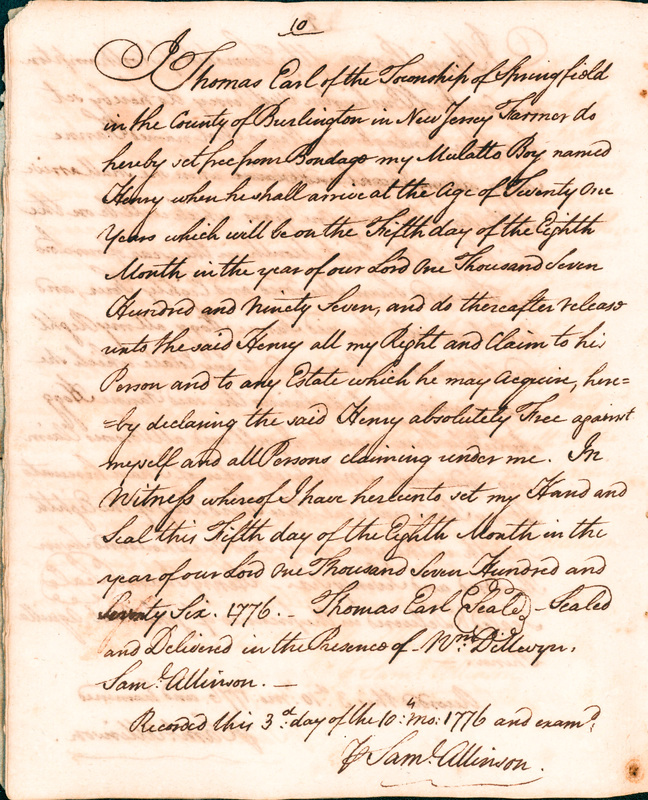 Book of Manumissions, recorded by Samuel Allinson of Burlington, page 10