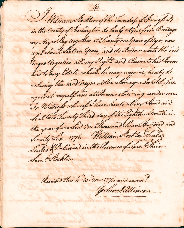 Book of Manumissions, recorded by Samuel Allinson of Burlington, page 16