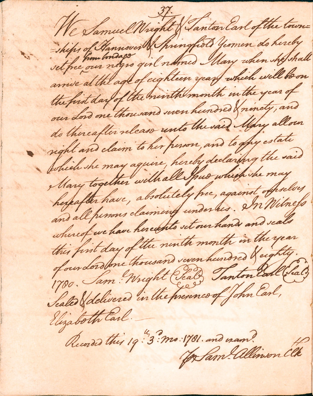 Book of Manumissions, recorded by Samuel Allinson of Burlington, page 37