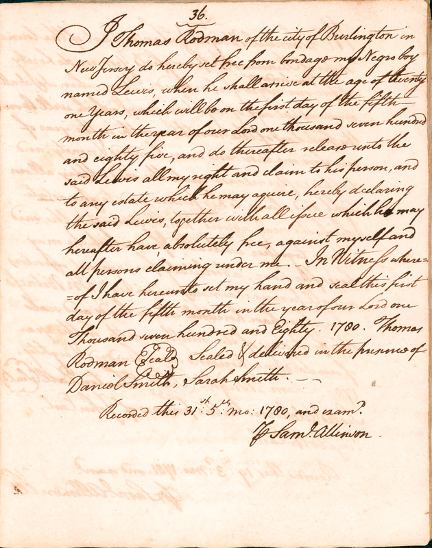 Book of Manumissions, recorded by Samuel Allinson of Burlington, page 36