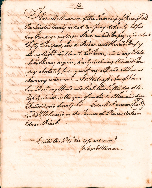 Book of Manumissions, recorded by Samuel Allinson of Burlington, page 14