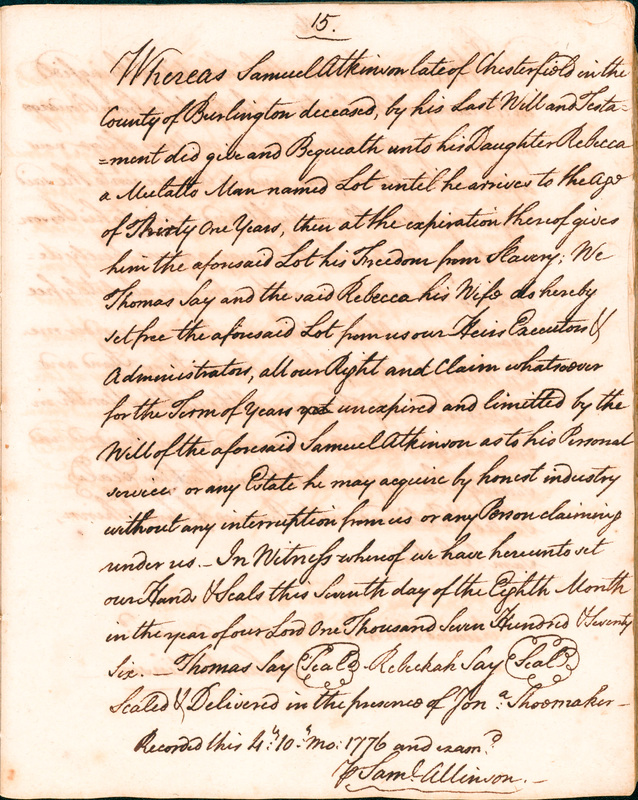 Book of Manumissions, recorded by Samuel Allinson of Burlington, page 15