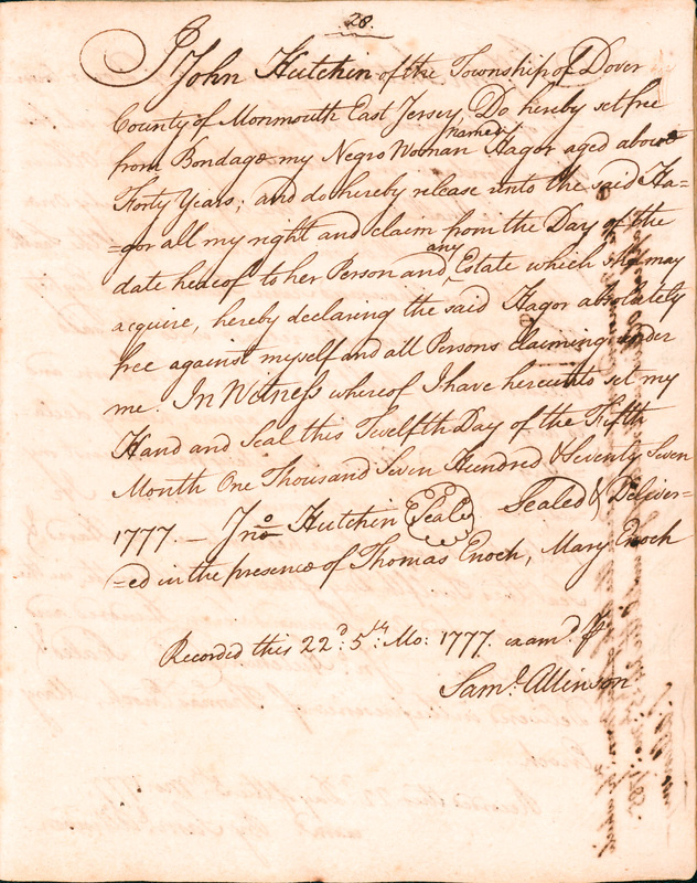 Book of Manumissions, recorded by Samuel Allinson of Burlington, page 28