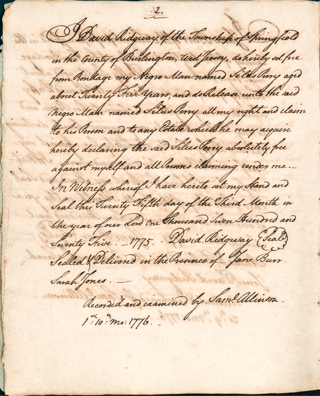 Book of Manumissions, recorded by Samuel Allinson of Burlington, page 2