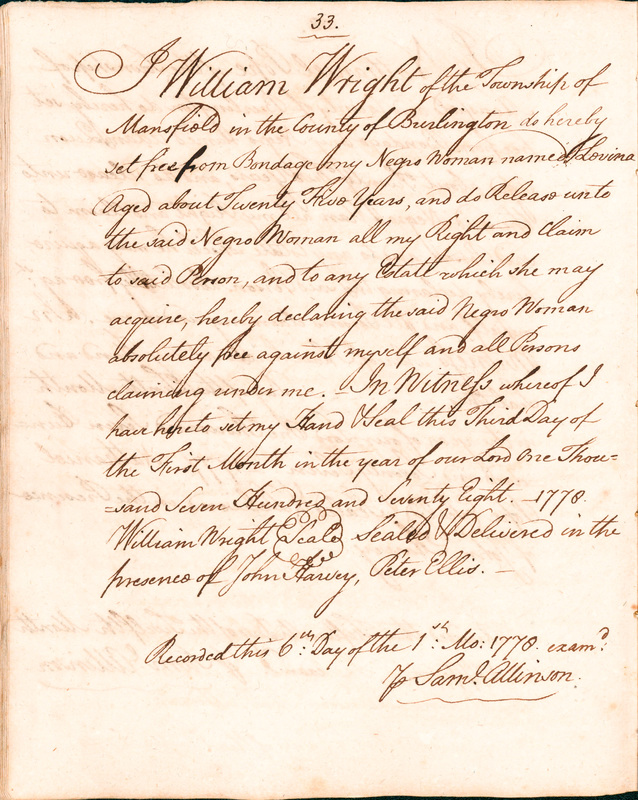 Book of Manumissions, recorded by Samuel Allinson of Burlington, page 33