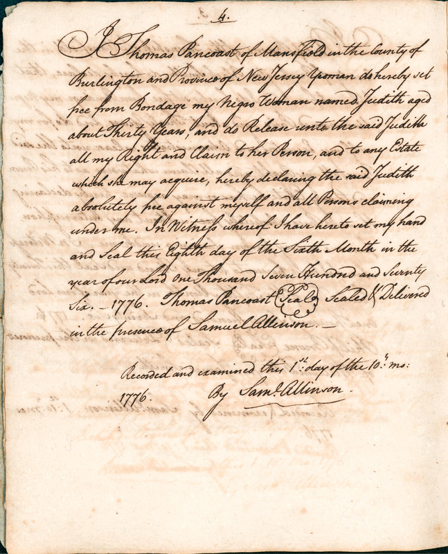 Book of Manumissions, recorded by Samuel Allinson of Burlington, page 4