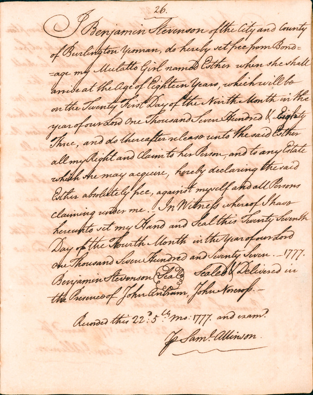 Book of Manumissions, recorded by Samuel Allinson of Burlington, page 26