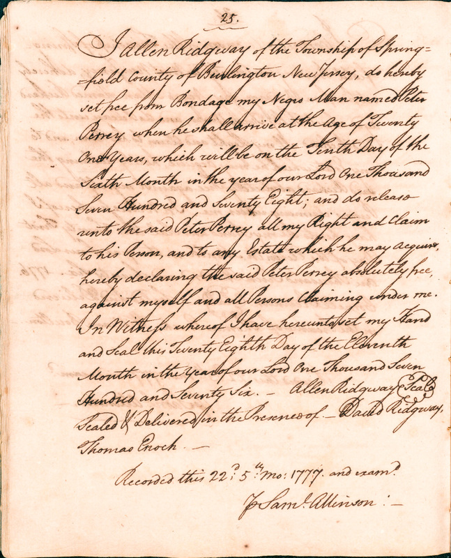 Book of Manumissions, recorded by Samuel Allinson of Burlington, page 25